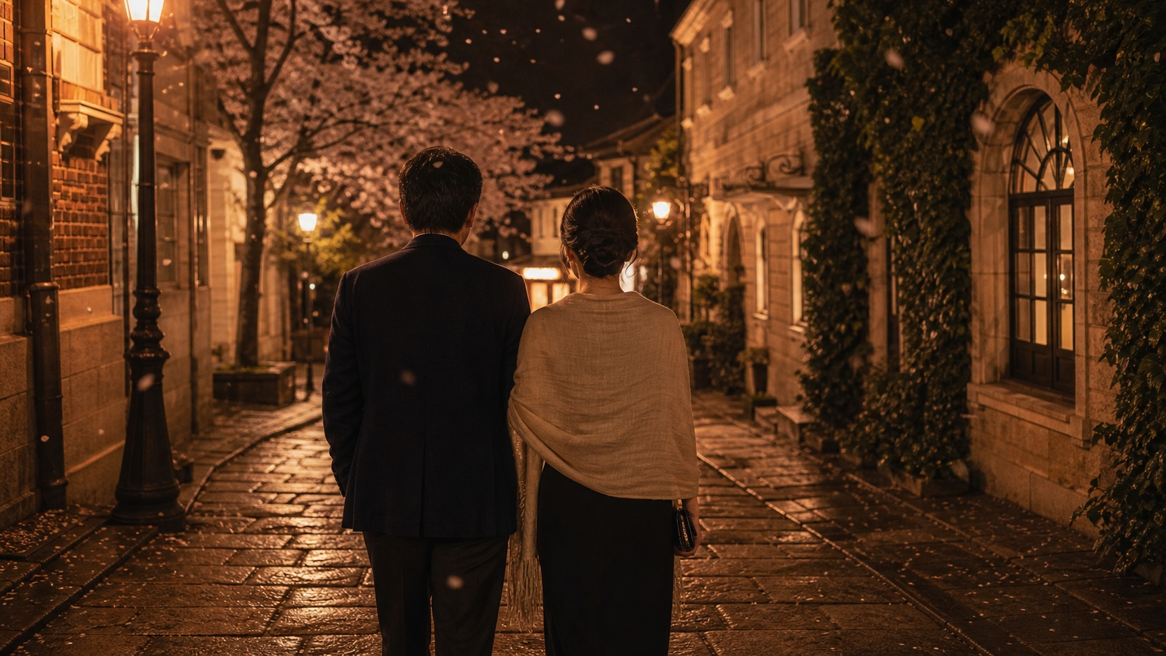 の会メールで出会った47歳元教師と神戸・元町の夜道を並んで歩く40代男性の後ろ姿。秋の街灯に照らされた石畳の路地裏で、大人の出会いの温もりを感じさせるワンシーン。